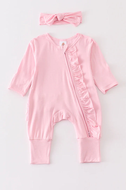 Light Pink Bamboo Ruffle Baby Romper with Matching Headband