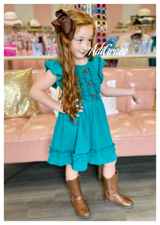 Dark Teal Ruffle Flutter Sleeve Button Dress