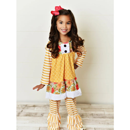 Mustard Stripe Ruffle Leggings Shirt and Pants Set