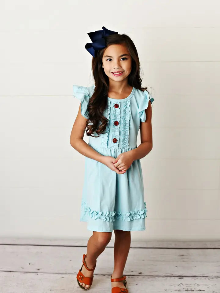 Light Teal Ruffle Button Dress